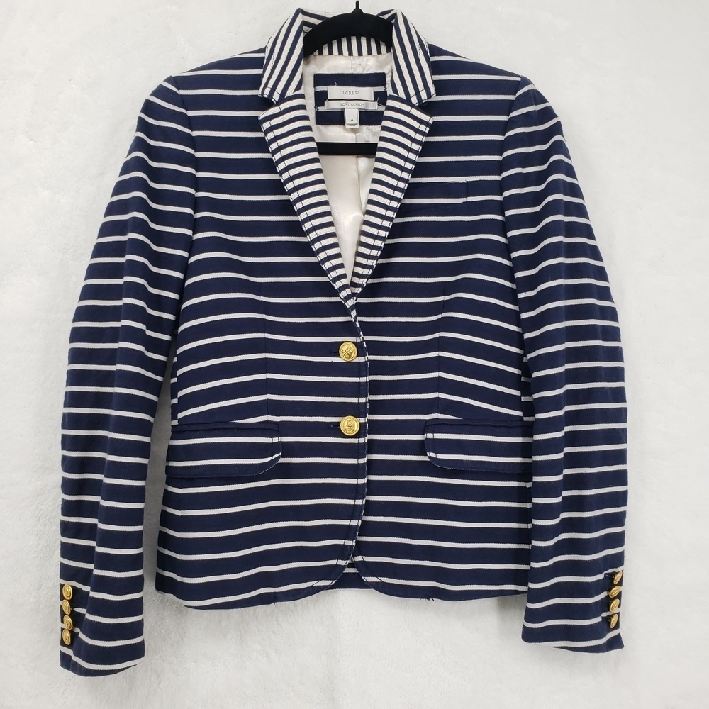 J. Crew Schoolboy Blazer Women US 4 Navy White Stripe linen cotton nautical